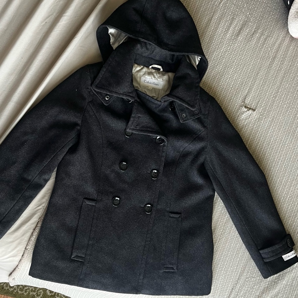 Wool Blend Pea Coat with Hood